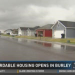 A video still of a news clipping stating that new affordable homes are opening in Burley.