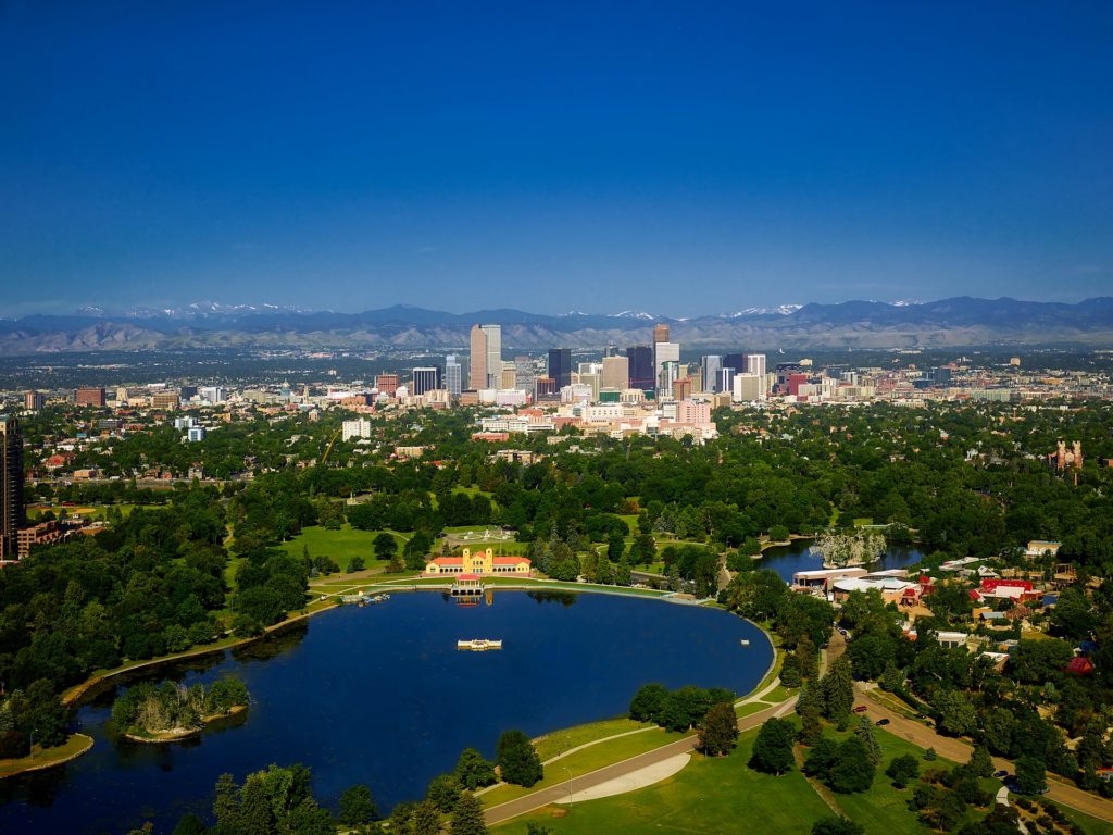 denver with buildings and lakes