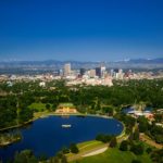 An aerial shot of Denver's downtown area on a clear blue day.