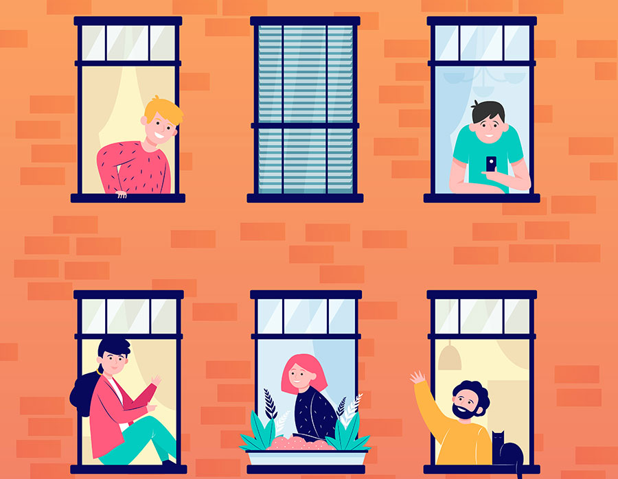 An illustration of a brick building with six windows, three to a row, and people standing inside five of them. The first person is a blond white male wearing a red sweater. The second person is a white male with brown hair, wearing a green t-shirt. The third person is a dark haired female, sitting on the windowstill, wearing a red jacket and green pants. The fourth person is a red-haired female, wearing a navy blue sweater. Her window has a tub decorated with plants and ferns. The fifth person is a white male with dark curly hair and a beard, wearing a yellow long sleeved shirt. He is waving at the others.