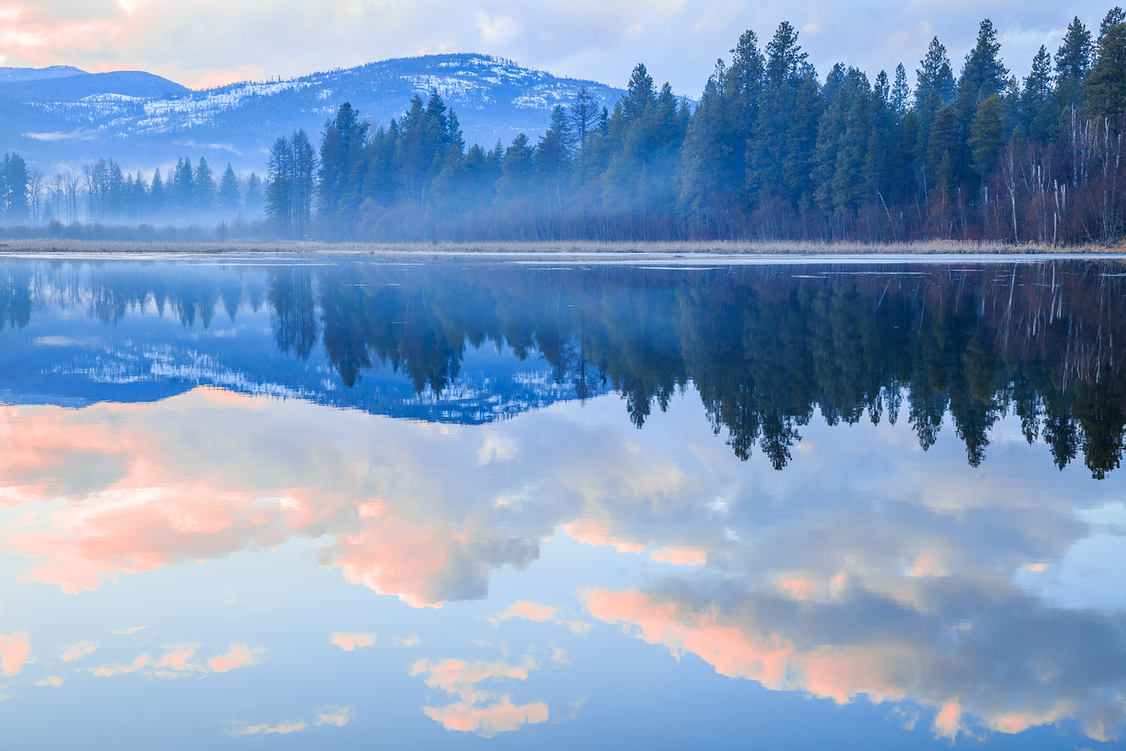 A smooth lake reflects a forested and snowy mountain vista.