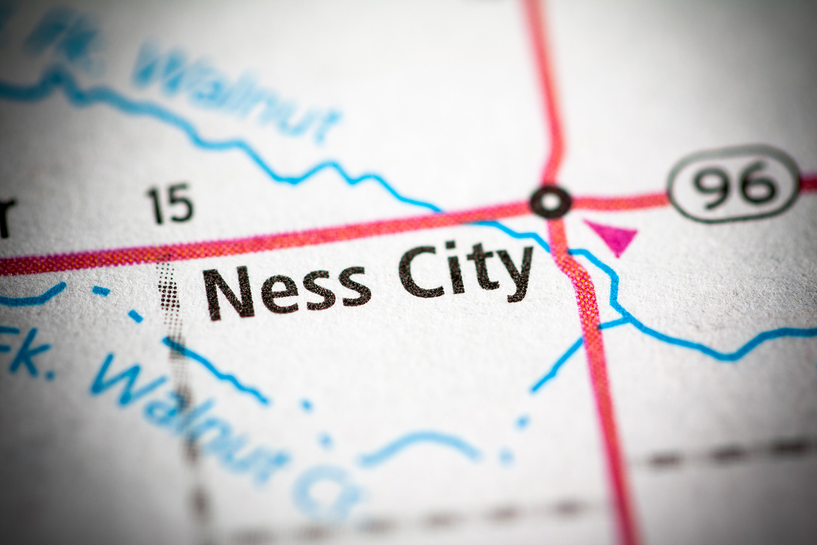 Close-up photo of a paper map showing Ness City and Route 96.
